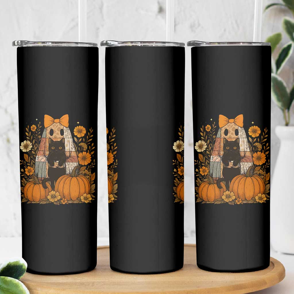 Halloween Vintage Patchwork Ghost Holding Black Cat Groovy Floral Skinny Tumbler - Wonder Print Shop
