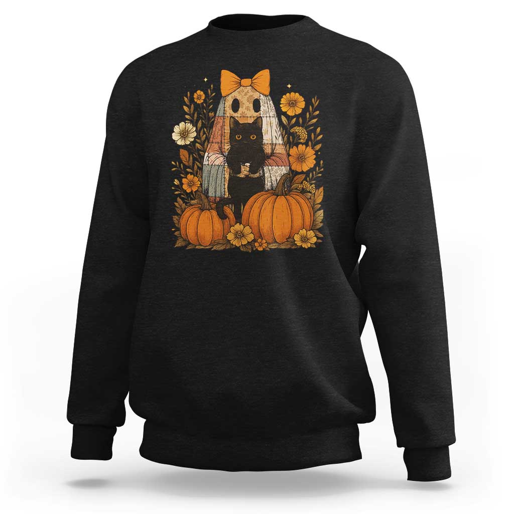 Halloween Vintage Patchwork Ghost Holding Black Cat Groovy Floral Sweatshirt - Wonder Print Shop