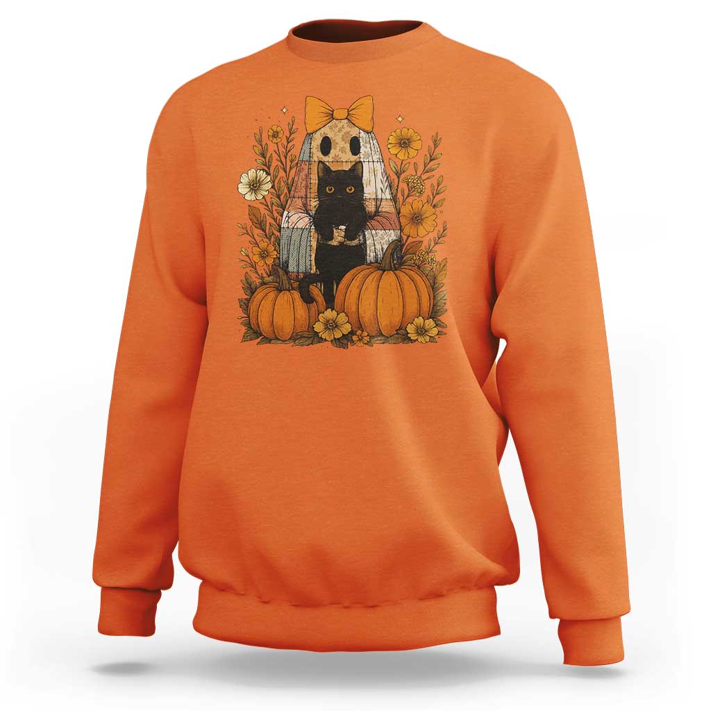 Halloween Vintage Patchwork Ghost Holding Black Cat Groovy Floral Sweatshirt - Wonder Print Shop