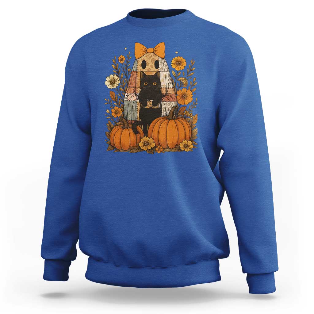 Halloween Vintage Patchwork Ghost Holding Black Cat Groovy Floral Sweatshirt - Wonder Print Shop