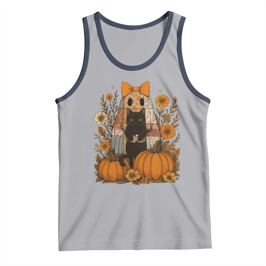 Halloween Vintage Patchwork Ghost Holding Black Cat Groovy Floral Tank Top - Wonder Print Shop