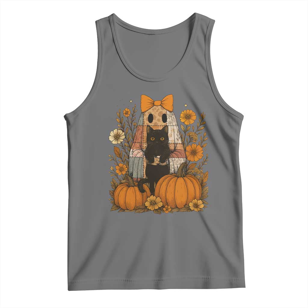 Halloween Vintage Patchwork Ghost Holding Black Cat Groovy Floral Tank Top - Wonder Print Shop