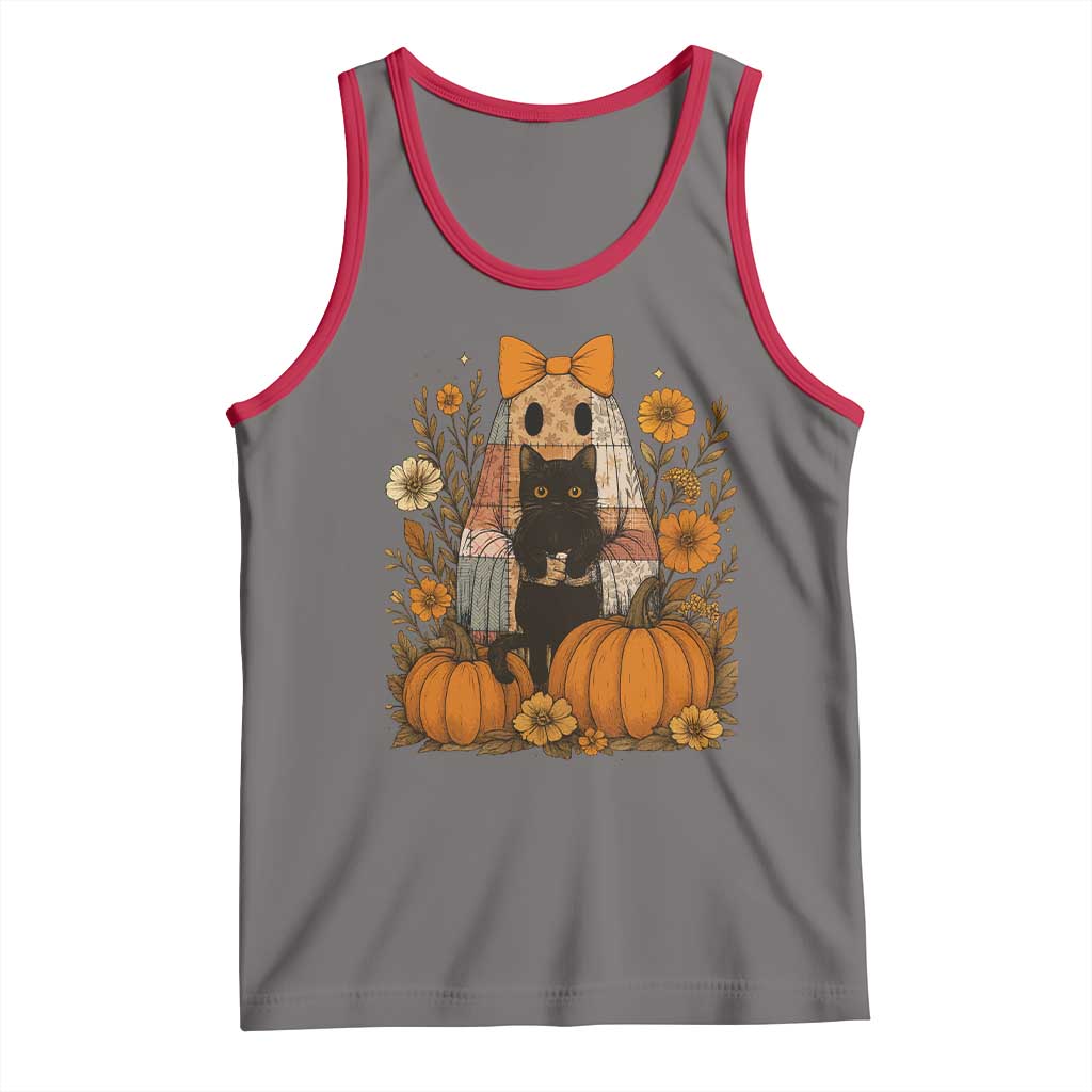Halloween Vintage Patchwork Ghost Holding Black Cat Groovy Floral Tank Top - Wonder Print Shop