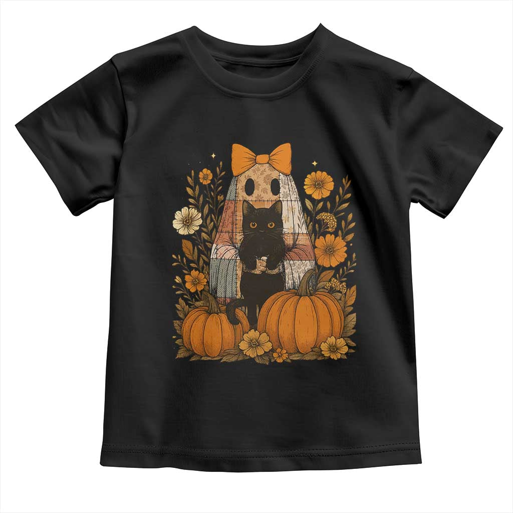 Halloween Vintage Patchwork Ghost Holding Black Cat Groovy Floral Toddler T Shirt - Wonder Print Shop