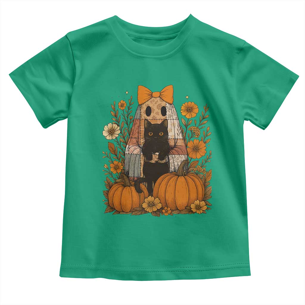 Halloween Vintage Patchwork Ghost Holding Black Cat Groovy Floral Toddler T Shirt - Wonder Print Shop