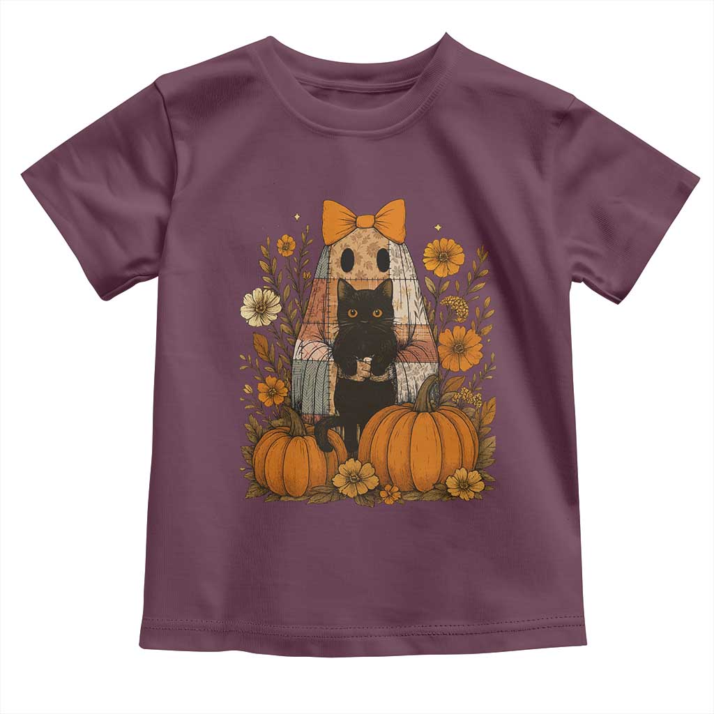 Halloween Vintage Patchwork Ghost Holding Black Cat Groovy Floral Toddler T Shirt - Wonder Print Shop