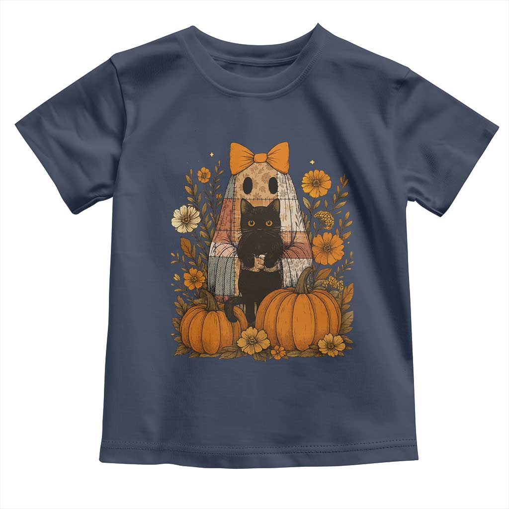 Halloween Vintage Patchwork Ghost Holding Black Cat Groovy Floral Toddler T Shirt - Wonder Print Shop