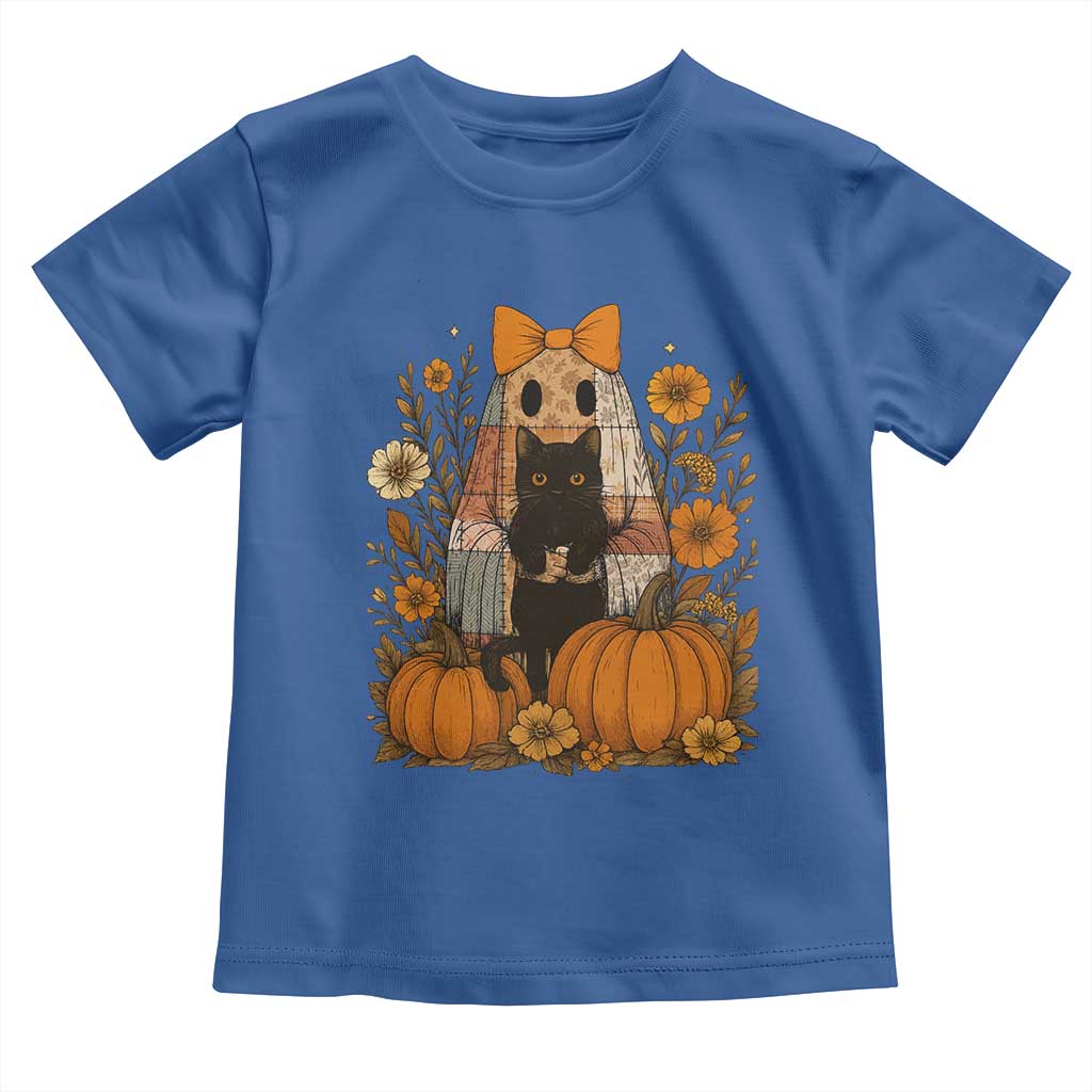 Halloween Vintage Patchwork Ghost Holding Black Cat Groovy Floral Toddler T Shirt - Wonder Print Shop