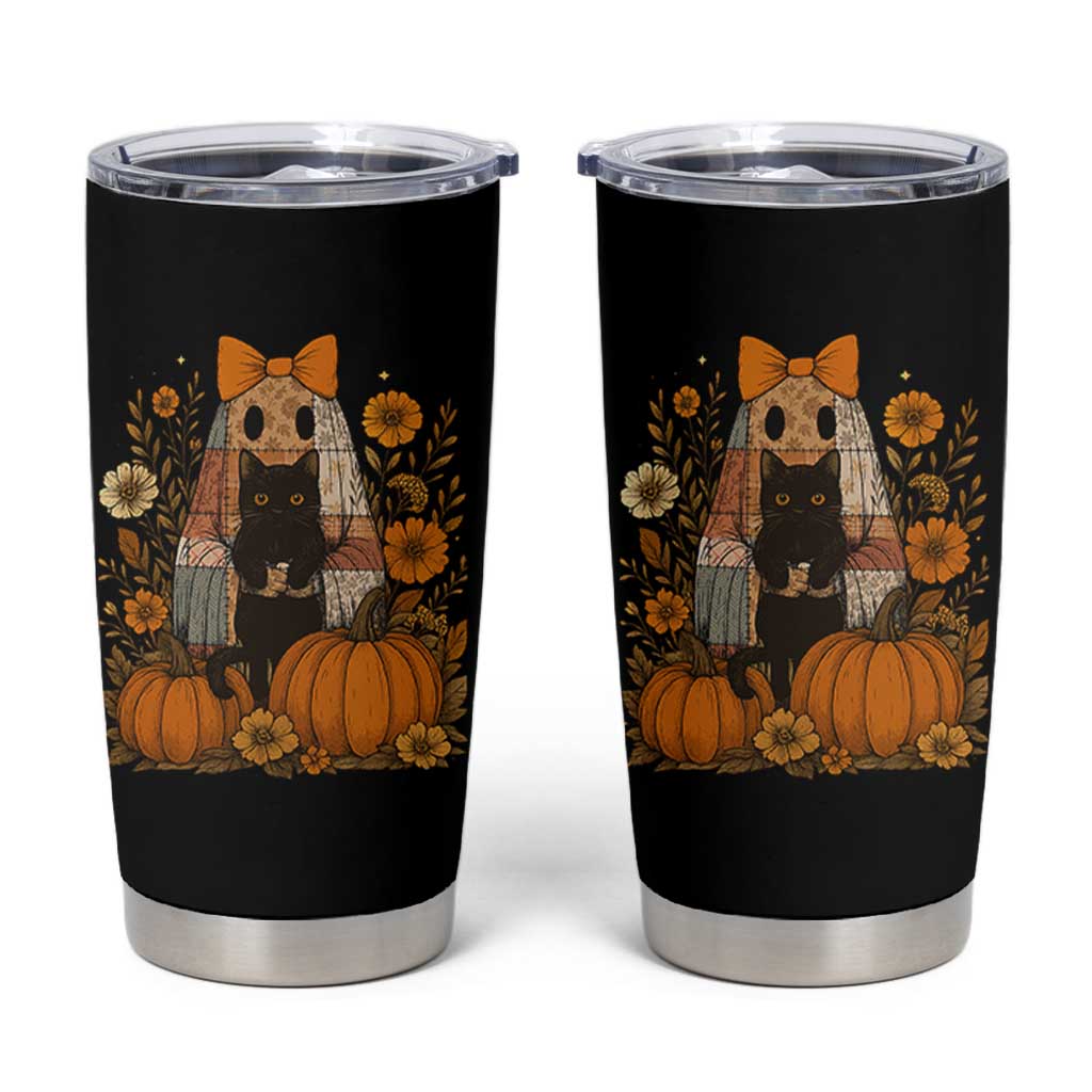 Halloween Vintage Patchwork Ghost Holding Black Cat Groovy Floral Tumbler Cup - Wonder Print Shop