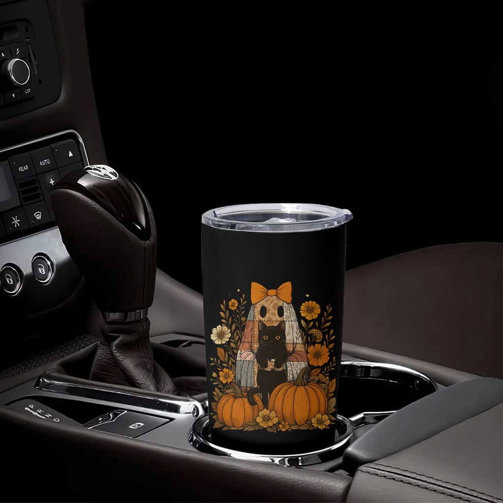 Halloween Vintage Patchwork Ghost Holding Black Cat Groovy Floral Tumbler Cup - Wonder Print Shop