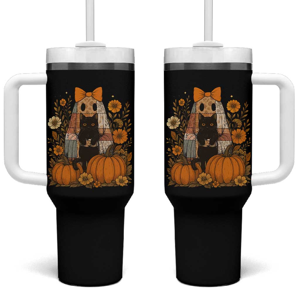 Halloween Vintage Patchwork Ghost Holding Black Cat Groovy Floral Tumbler With Handle - Wonder Print Shop