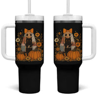 Halloween Vintage Patchwork Ghost Holding Black Cat Groovy Floral Tumbler With Handle - Wonder Print Shop