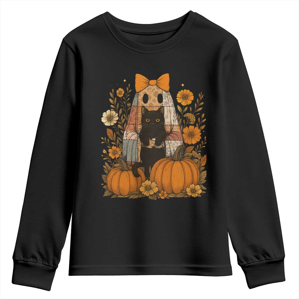 Halloween Vintage Patchwork Ghost Holding Black Cat Groovy Floral Youth Sweatshirt - Wonder Print Shop