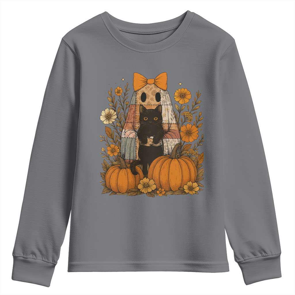 Halloween Vintage Patchwork Ghost Holding Black Cat Groovy Floral Youth Sweatshirt - Wonder Print Shop