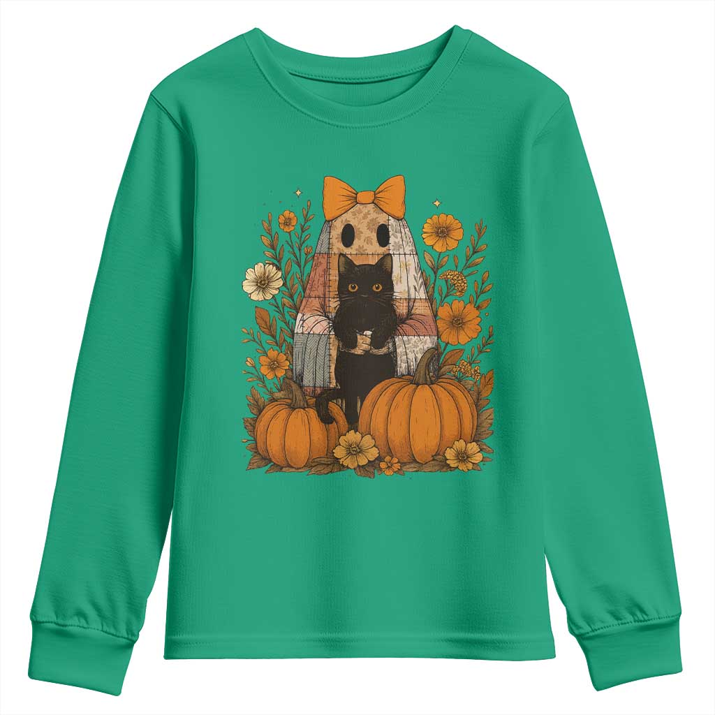 Halloween Vintage Patchwork Ghost Holding Black Cat Groovy Floral Youth Sweatshirt - Wonder Print Shop