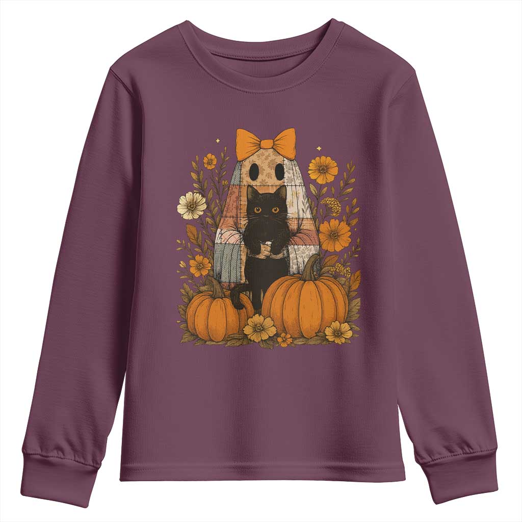 Halloween Vintage Patchwork Ghost Holding Black Cat Groovy Floral Youth Sweatshirt - Wonder Print Shop
