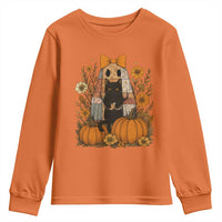 Halloween Vintage Patchwork Ghost Holding Black Cat Groovy Floral Youth Sweatshirt - Wonder Print Shop