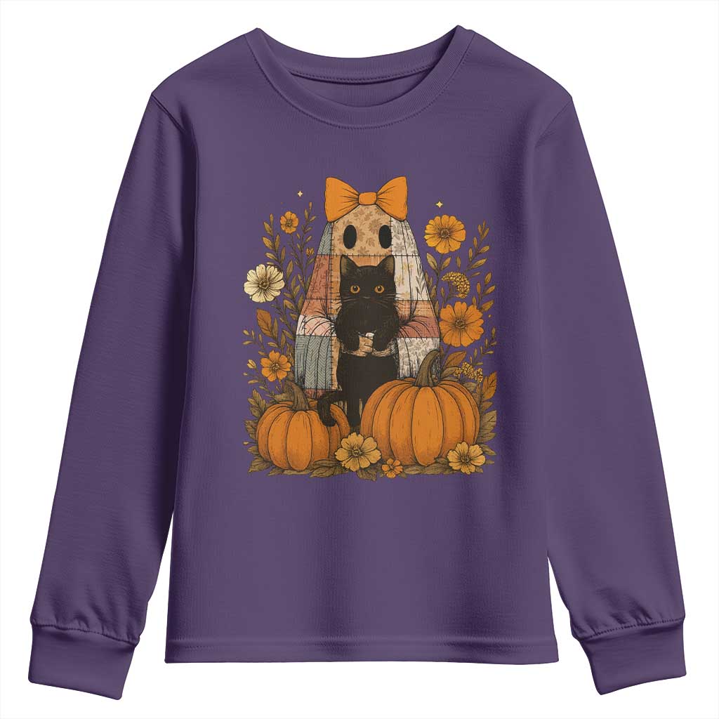 Halloween Vintage Patchwork Ghost Holding Black Cat Groovy Floral Youth Sweatshirt - Wonder Print Shop