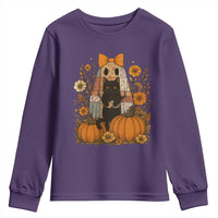 Halloween Vintage Patchwork Ghost Holding Black Cat Groovy Floral Youth Sweatshirt - Wonder Print Shop