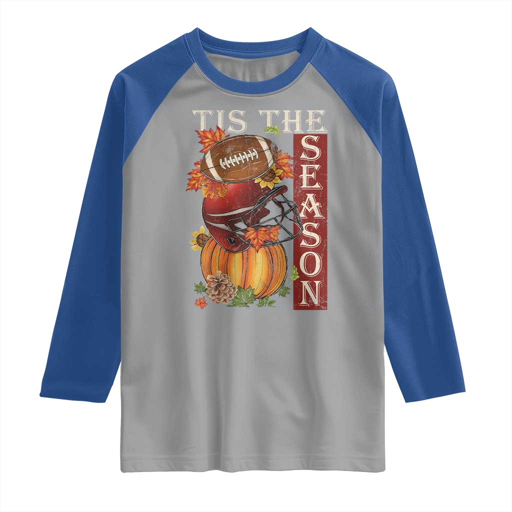 Thanksgiving Tis The Season Raglan Shirt American Football Pumpkin Fall Season - Wonder Print Shop