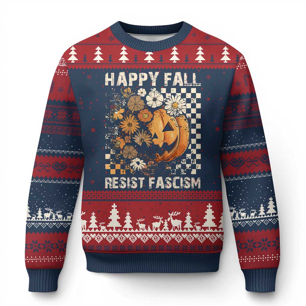 Happy Fall Resist Fascism Ugly Christmas Sweater Halloween Fall Pumpkin - Wonder Print Shop