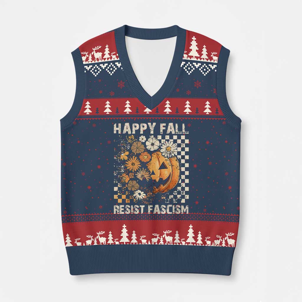 Happy Fall Resist Fascism V-Neck Knit Sweater Vest Halloween Fall Pumpkin - Wonder Print Shop