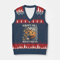 Happy Fall Resist Fascism V-Neck Knit Sweater Vest Halloween Fall Pumpkin - Wonder Print Shop