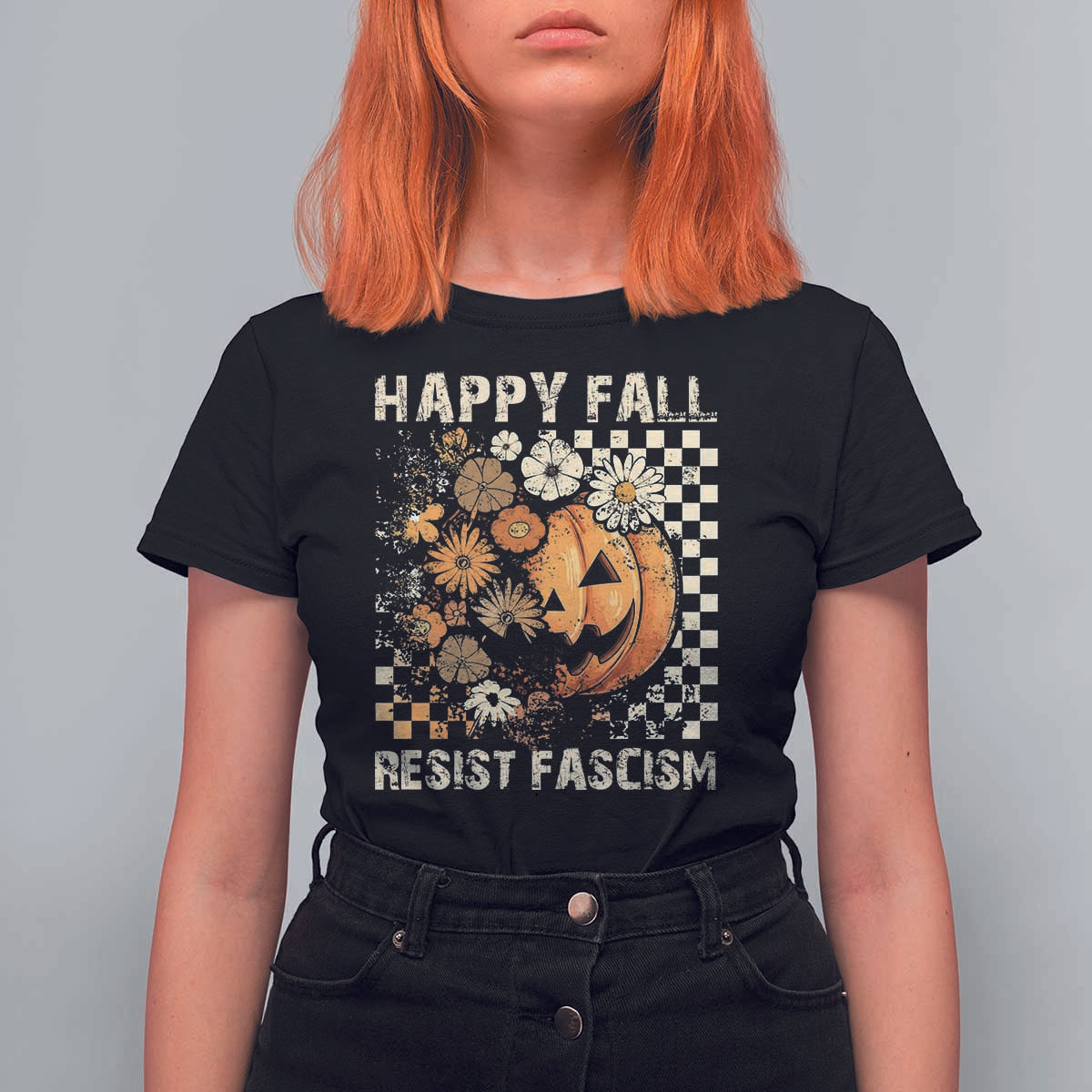 Happy Fall Resist Fascism T Shirt For Women Halloween Fall Pumpkin - Wonder Print Shop