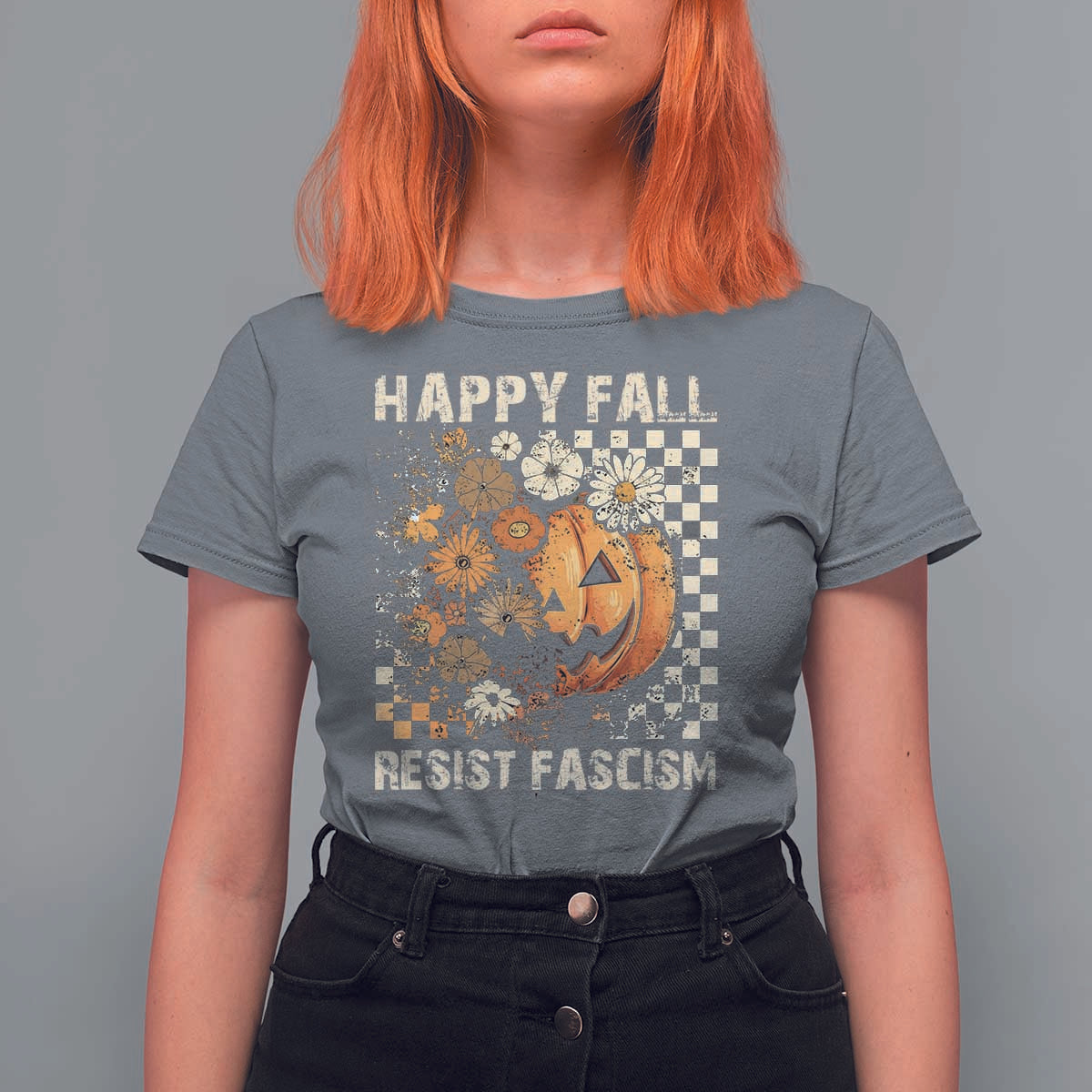 Happy Fall Resist Fascism T Shirt For Women Halloween Fall Pumpkin - Wonder Print Shop
