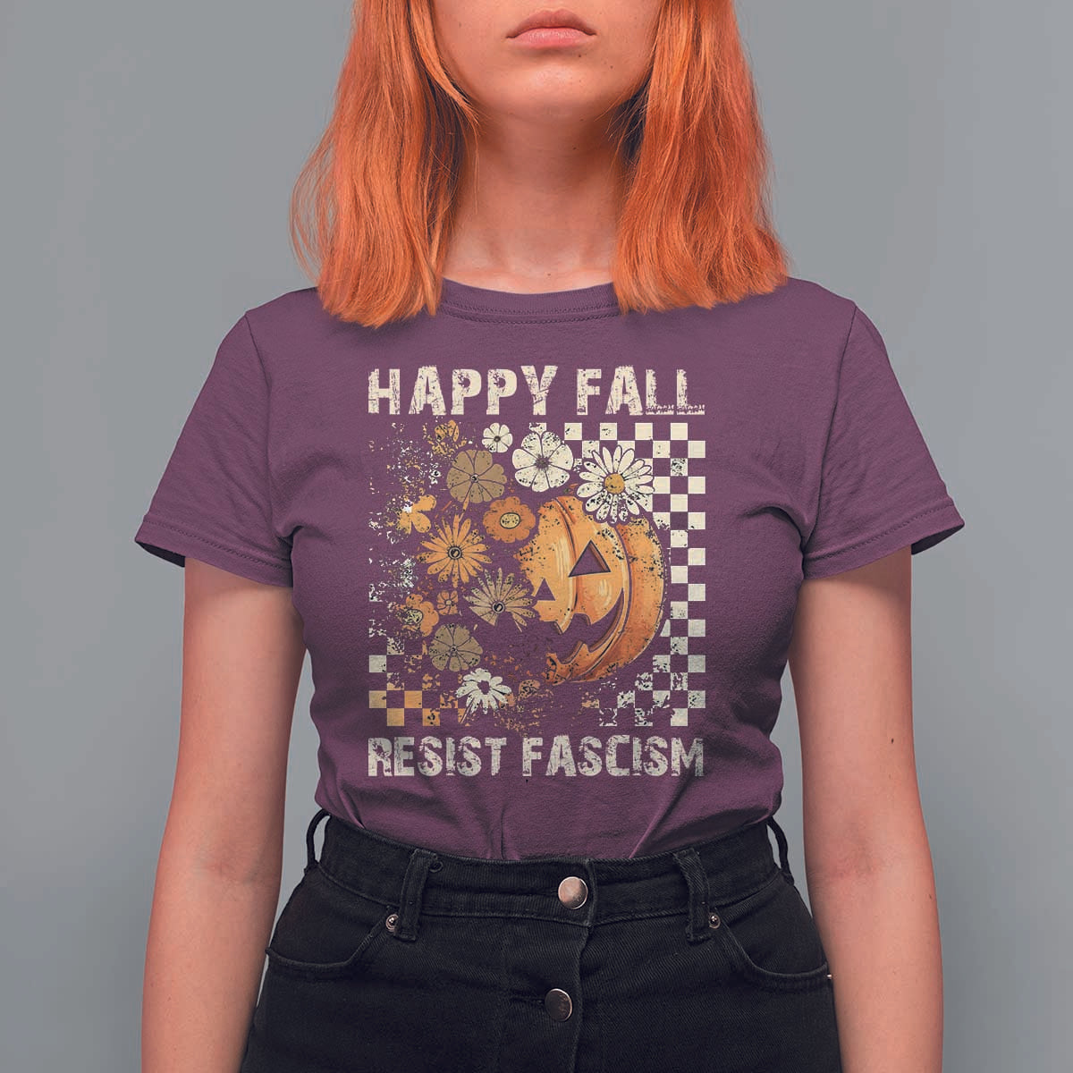 Happy Fall Resist Fascism T Shirt For Women Halloween Fall Pumpkin - Wonder Print Shop