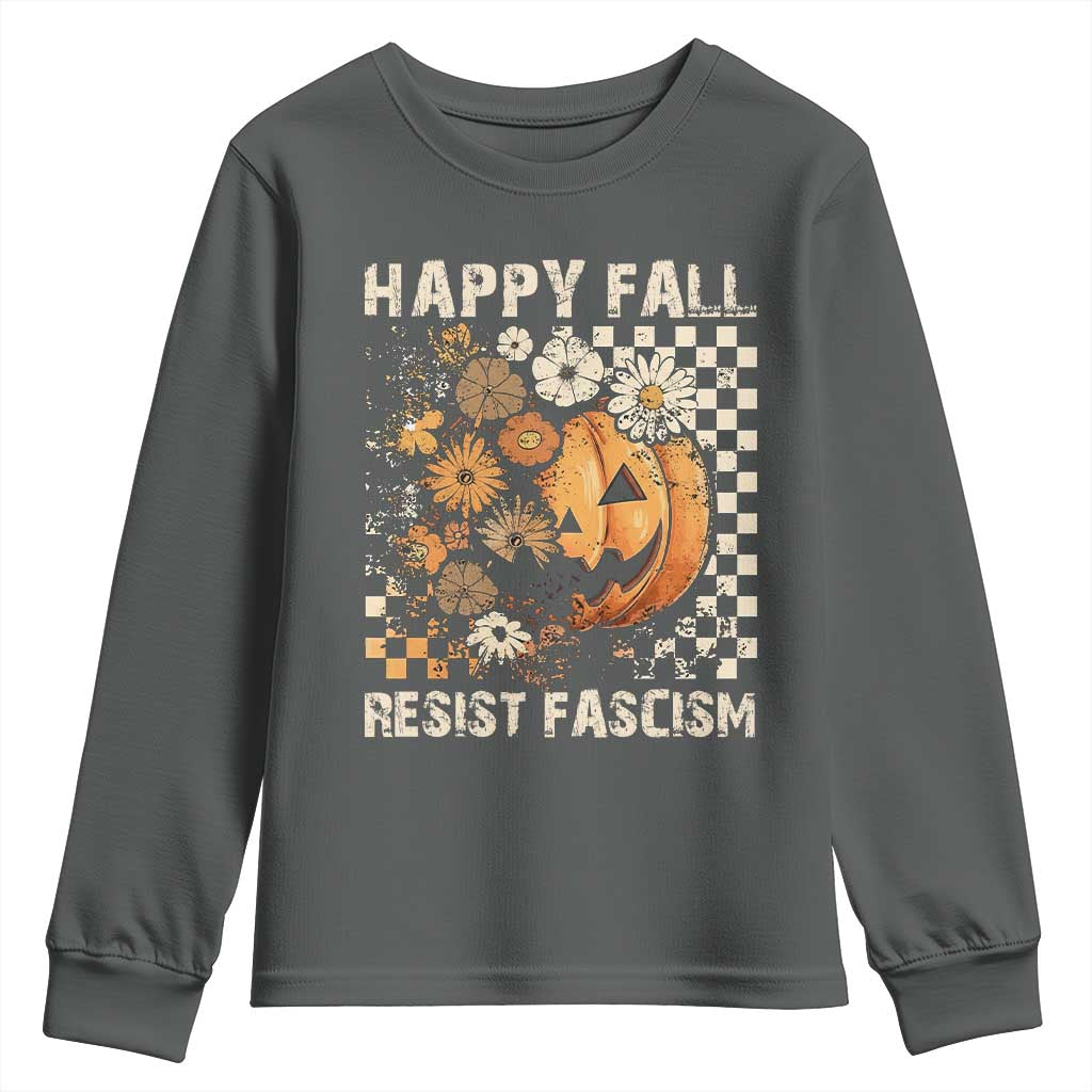 Happy Fall Resist Fascism Youth Sweatshirt Halloween Fall Pumpkin - Wonder Print Shop