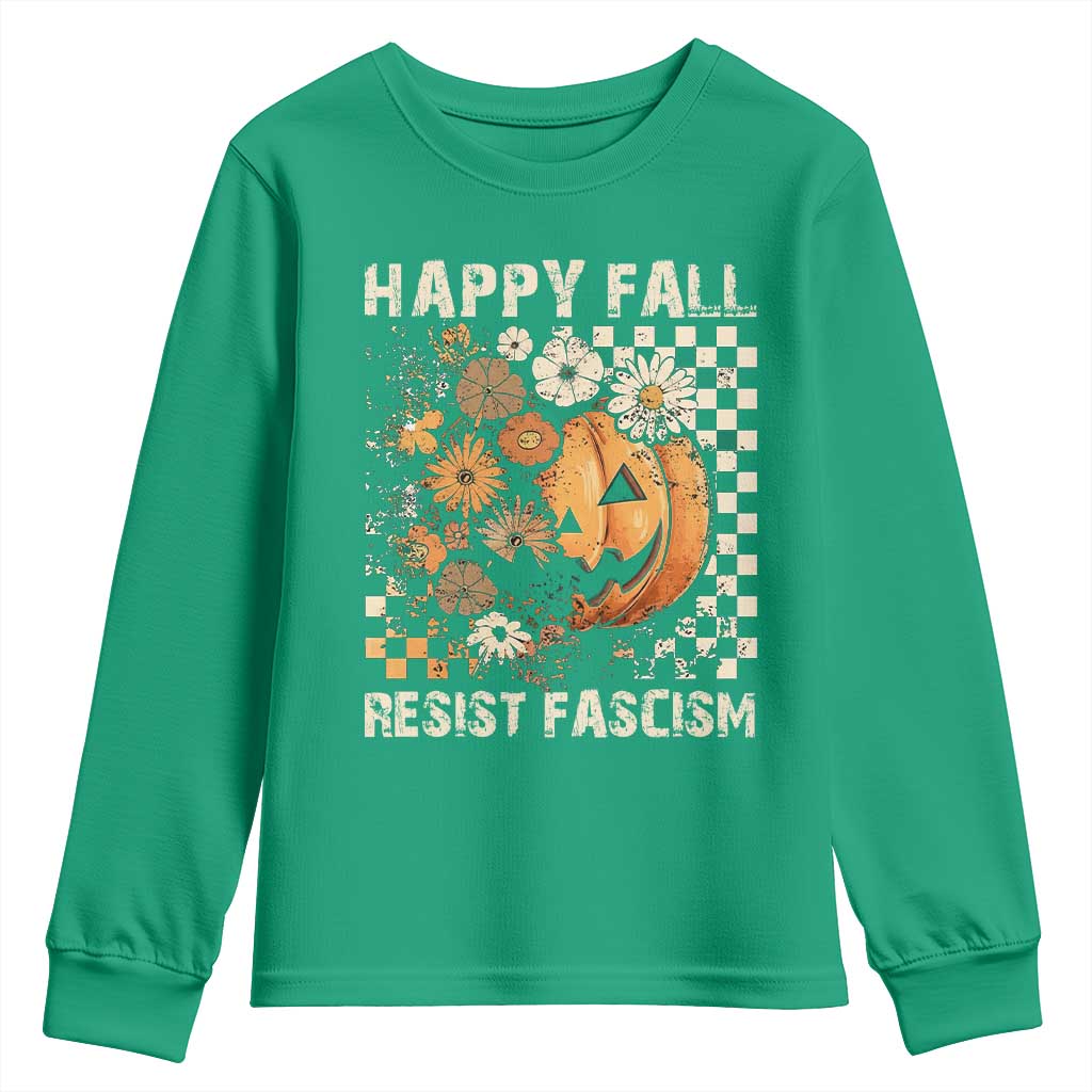 Happy Fall Resist Fascism Youth Sweatshirt Halloween Fall Pumpkin - Wonder Print Shop