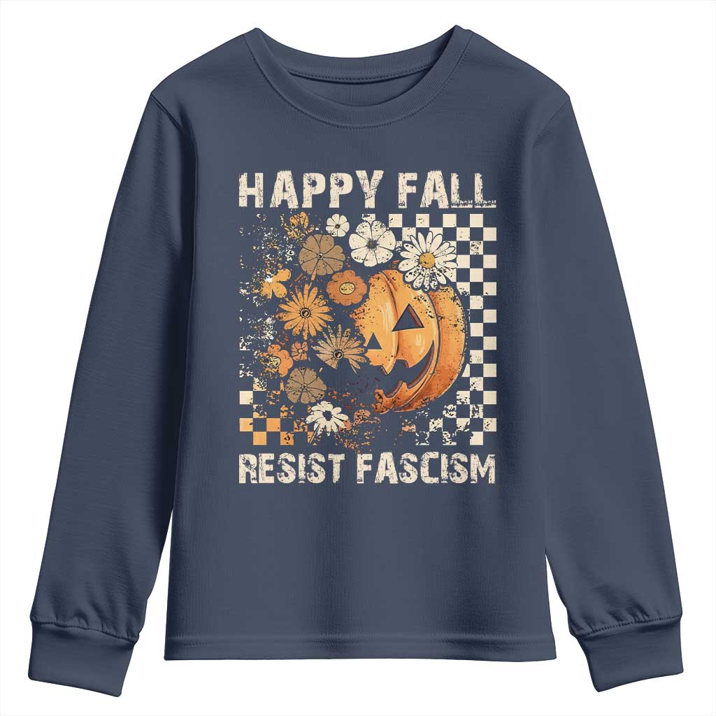 Happy Fall Resist Fascism Youth Sweatshirt Halloween Fall Pumpkin - Wonder Print Shop
