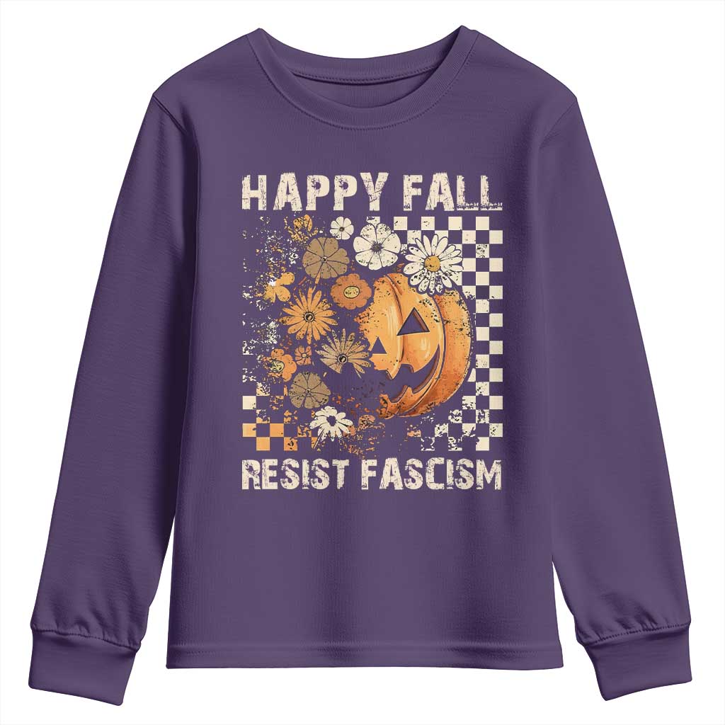 Happy Fall Resist Fascism Youth Sweatshirt Halloween Fall Pumpkin - Wonder Print Shop