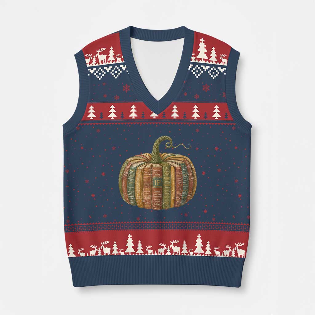 Book Pumpkin Autumn Fall Librarians Bookworm Teacher V-Neck Knit Sweater Vest - Wonder Print Shop