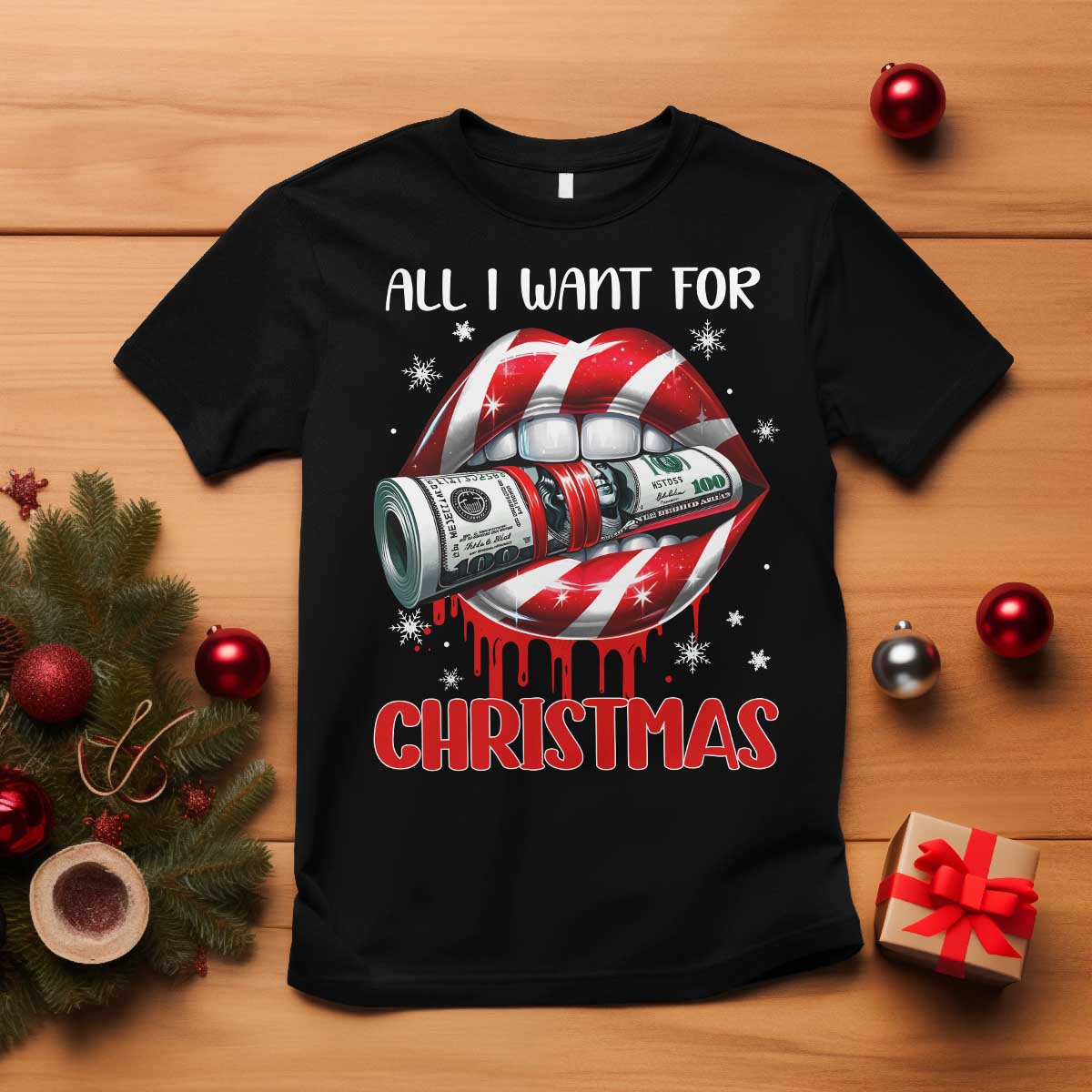 Funny All I Want For Christmas Is Money T Shirt Candy Cane Lips - Wonder Print Shop