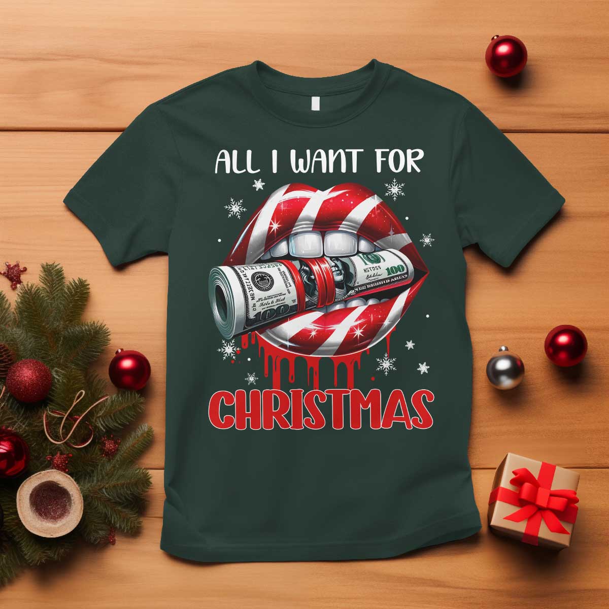 Funny All I Want For Christmas Is Money T Shirt Candy Cane Lips - Wonder Print Shop