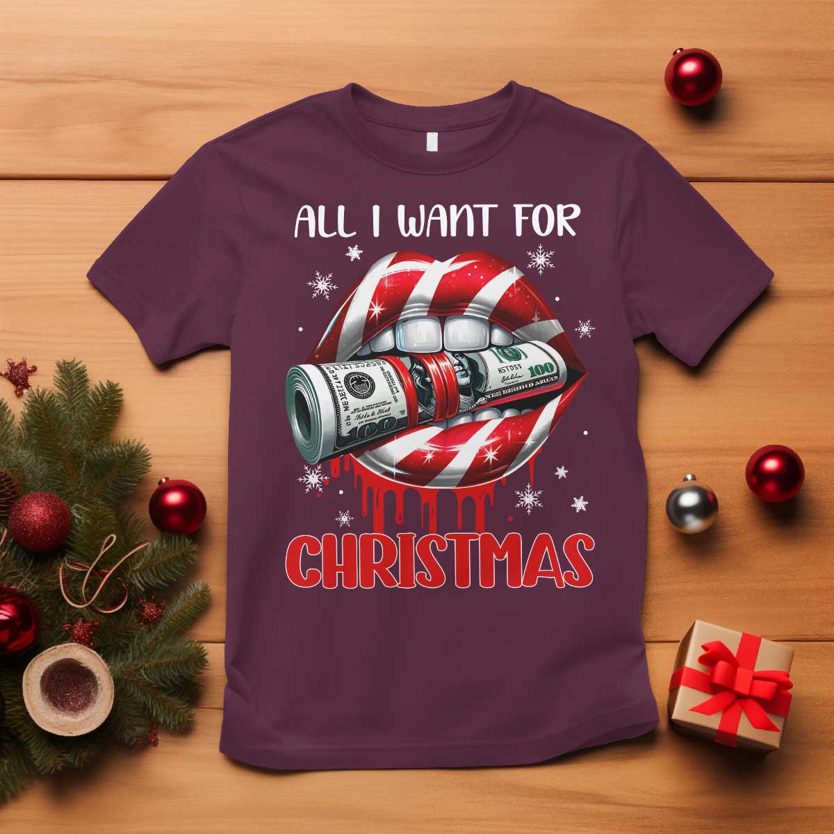 Funny All I Want For Christmas Is Money T Shirt Candy Cane Lips - Wonder Print Shop