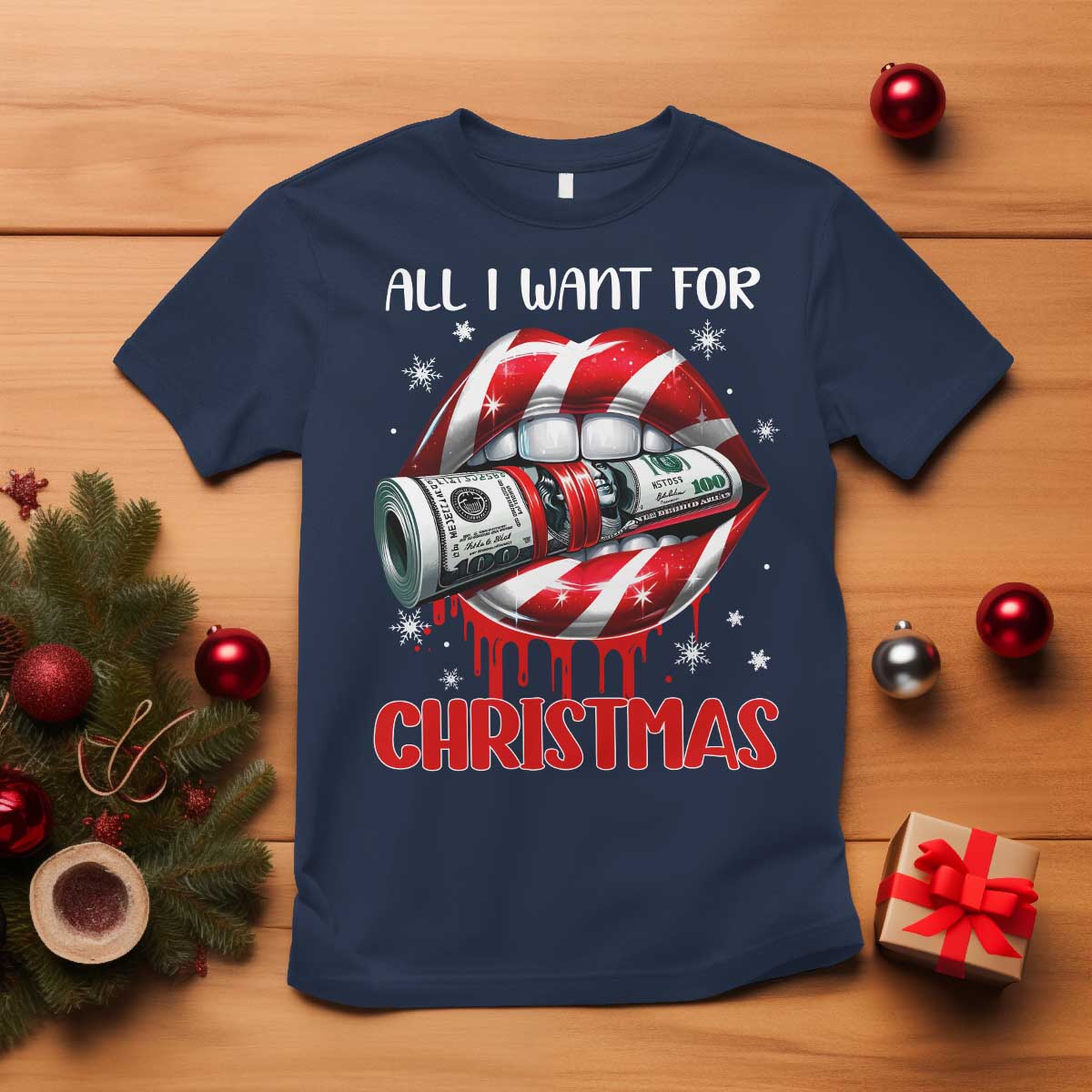Funny All I Want For Christmas Is Money T Shirt Candy Cane Lips - Wonder Print Shop