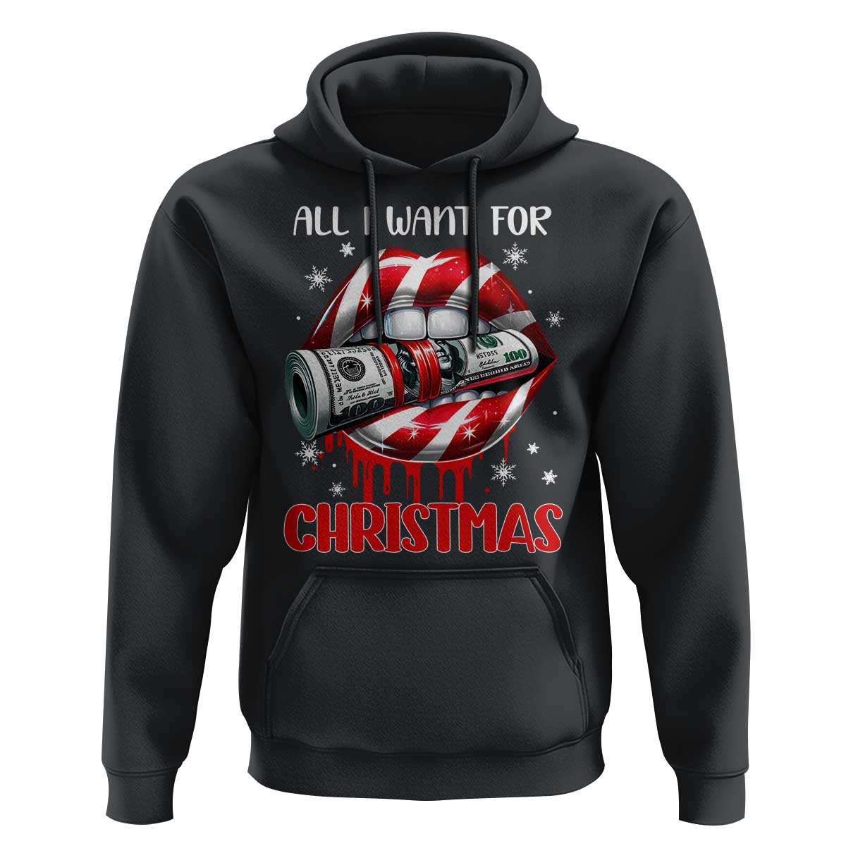 Funny All I Want For Christmas Is Money Hoodie Candy Cane Lips