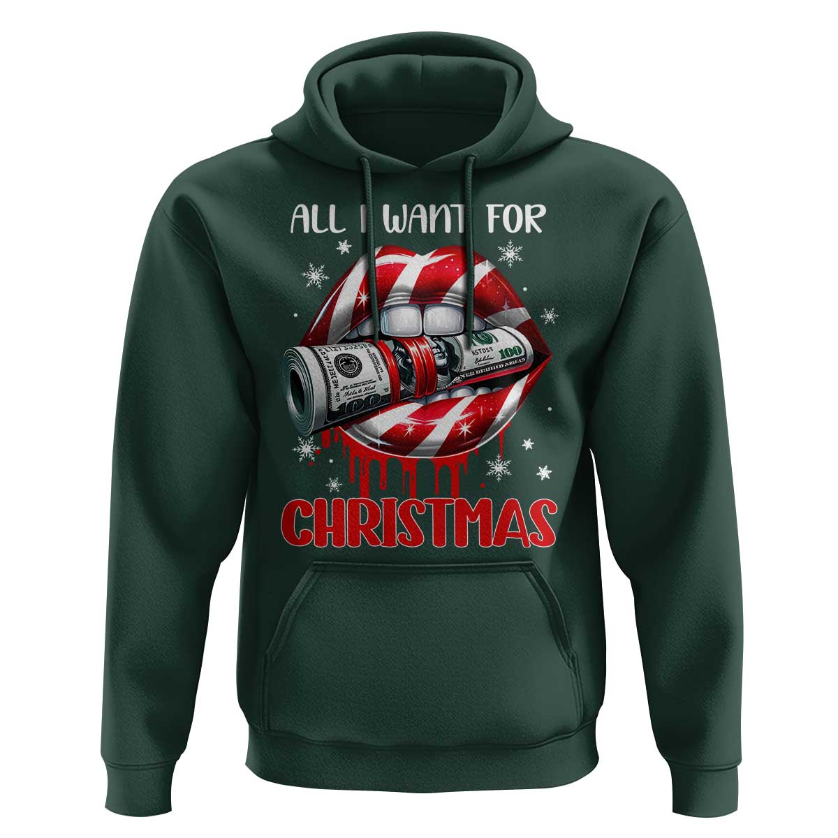 Funny All I Want For Christmas Is Money Hoodie Candy Cane Lips