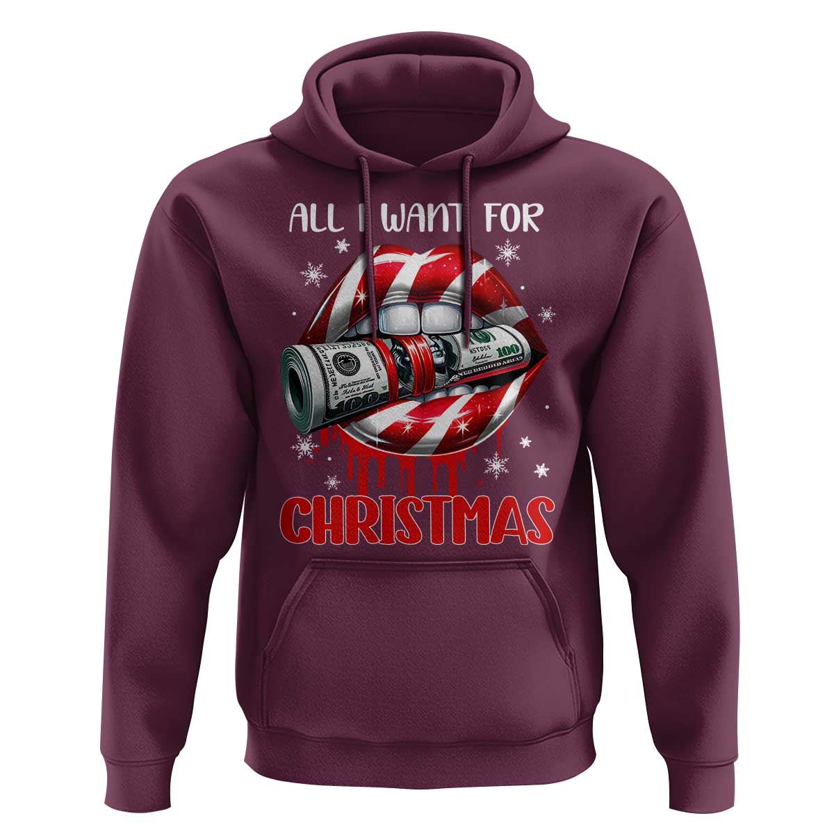 Funny All I Want For Christmas Is Money Hoodie Candy Cane Lips
