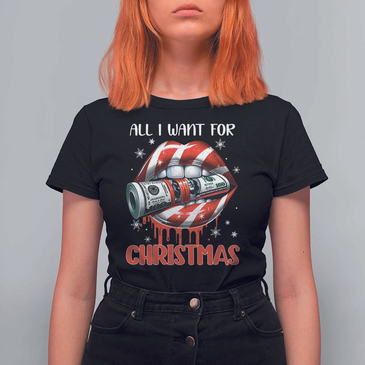 Funny All I Want For Christmas Is Money T Shirt For Women Candy Cane Lips - Wonder Print Shop