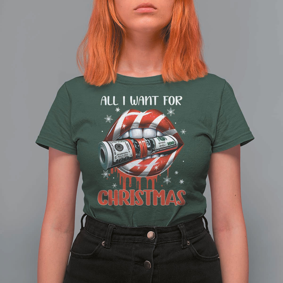 Funny All I Want For Christmas Is Money T Shirt For Women Candy Cane Lips - Wonder Print Shop