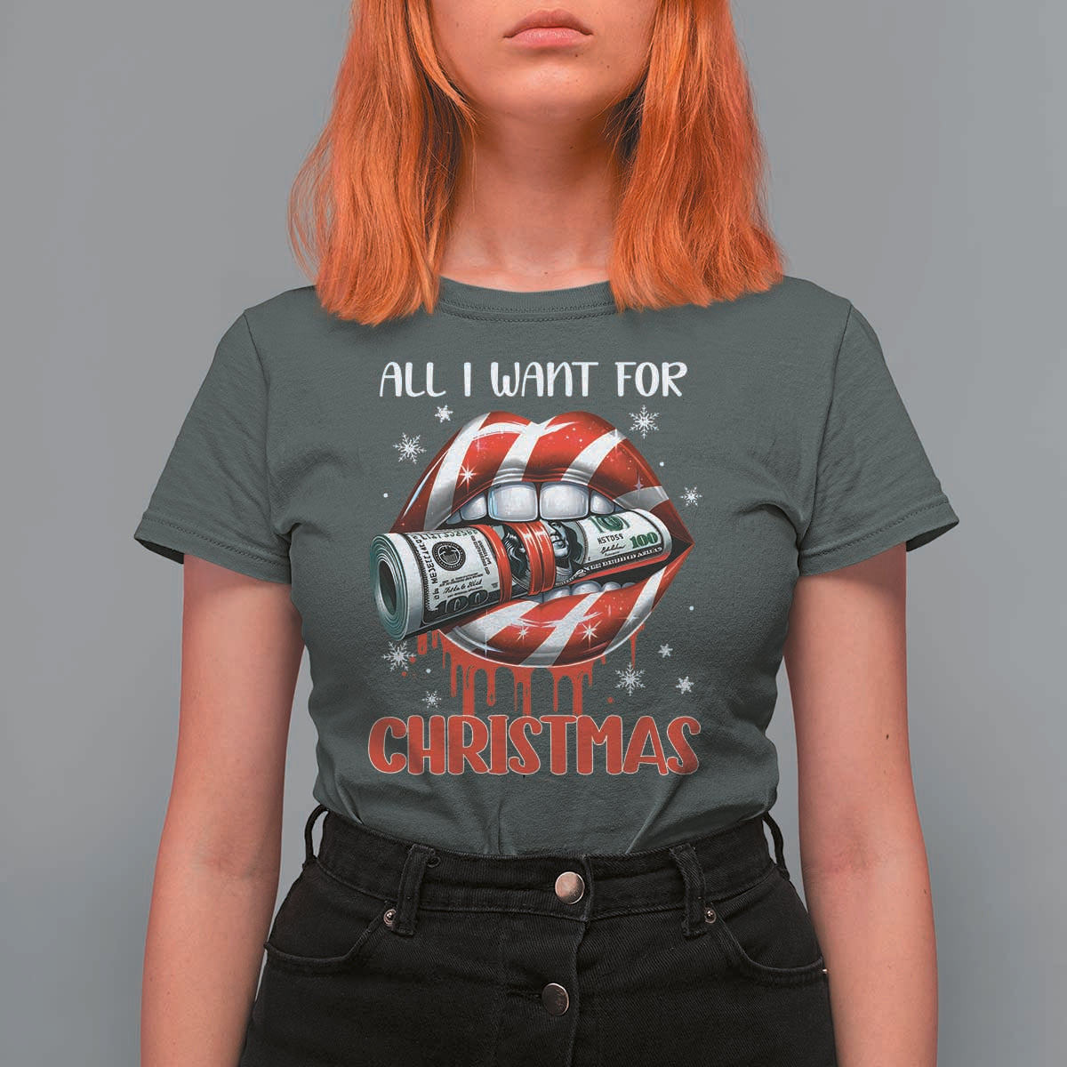 Funny All I Want For Christmas Is Money T Shirt For Women Candy Cane Lips - Wonder Print Shop