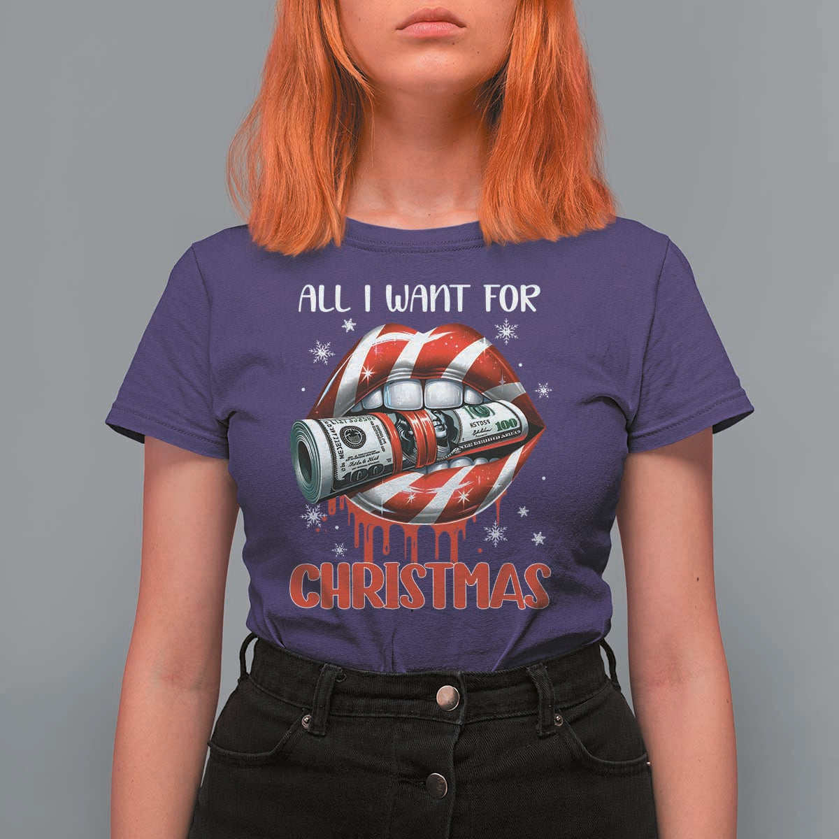 Funny All I Want For Christmas Is Money T Shirt For Women Candy Cane Lips - Wonder Print Shop