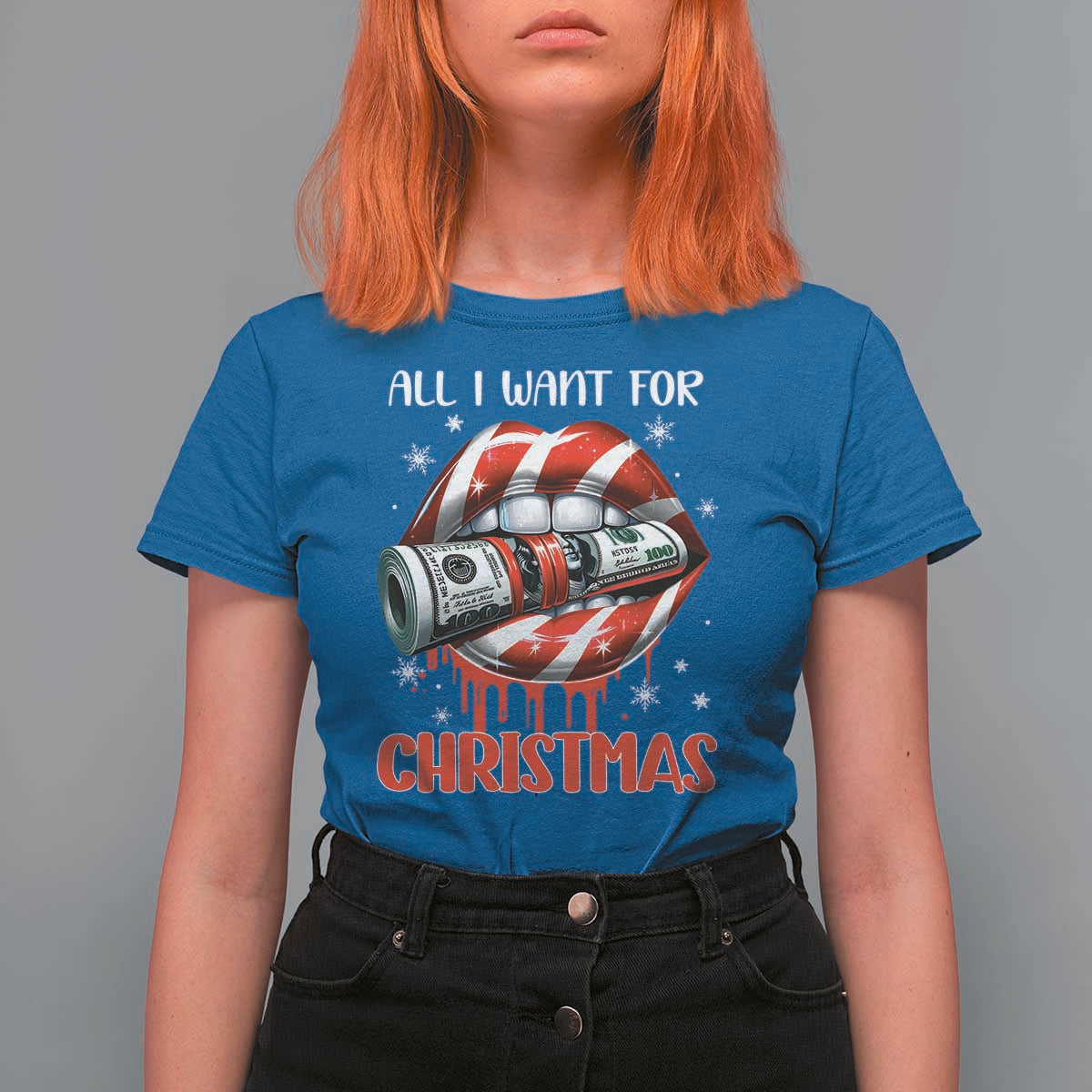 Funny All I Want For Christmas Is Money T Shirt For Women Candy Cane Lips - Wonder Print Shop