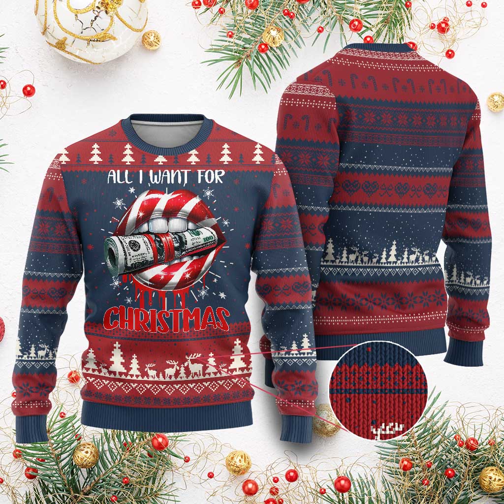 Funny All I Want For Xmas Is Money Ugly Christmas Sweater Candy Cane Lips - Wonder Print Shop