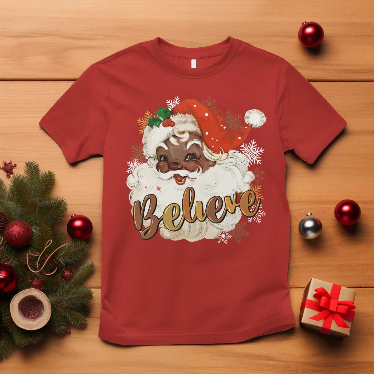 Funny Retro Black Santa Christmas T Shirt Believe African American Xmas - Wonder Print Shop