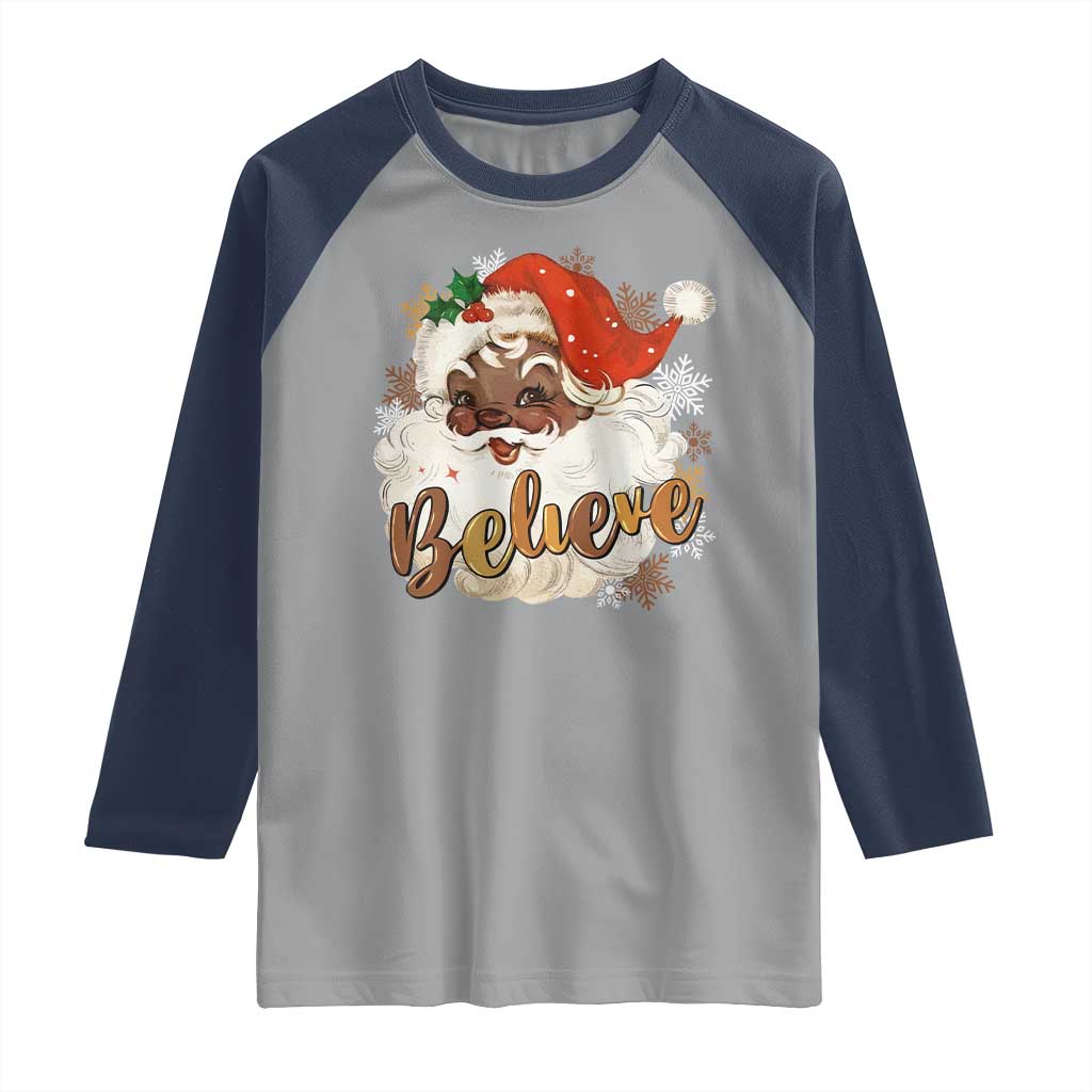 Funny Retro Black Santa Christmas Raglan Shirt Believe African American Xmas - Wonder Print Shop